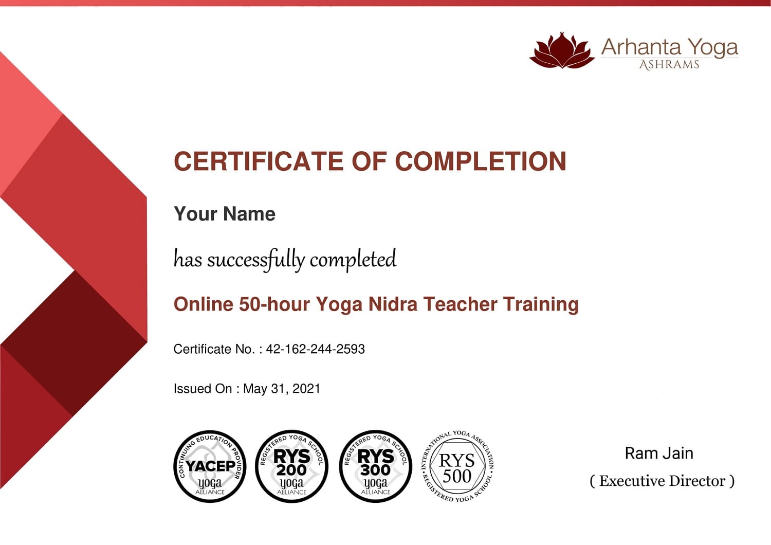 Certificato di formazione per insegnanti Yoga Nidra