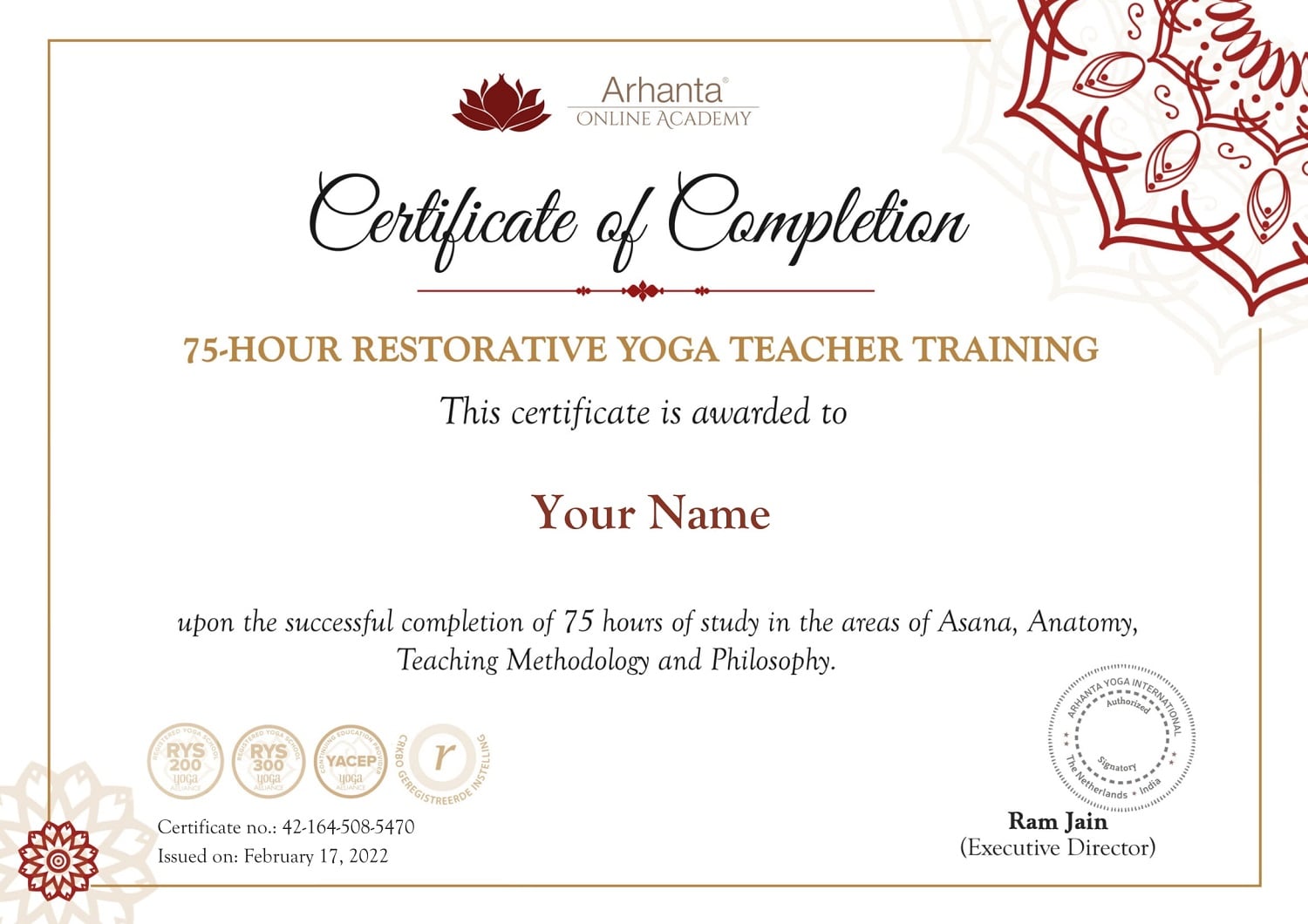 Certificado de formación de Profesores de yoga Restaurativo