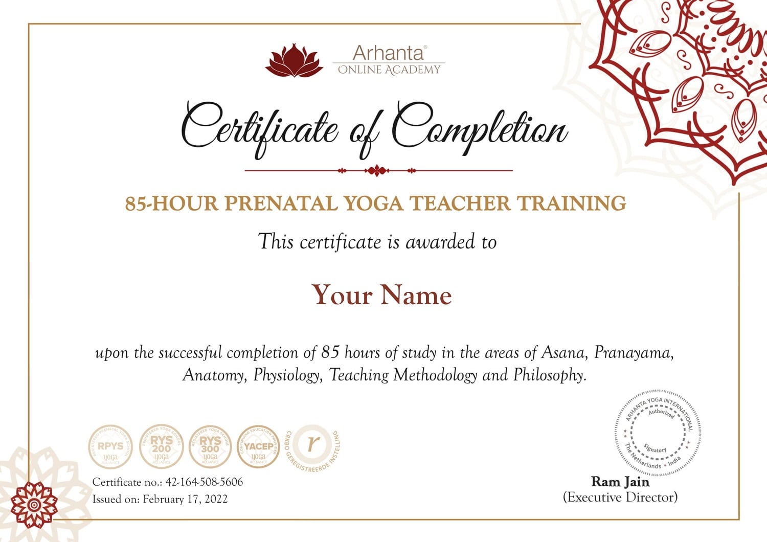Certificado de formación de profesores de yoga prenatal de 85 horas